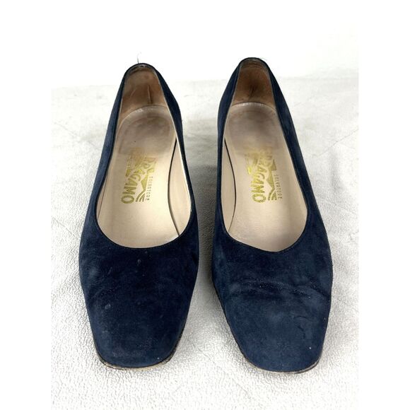 Salvatore Ferragamo Blue Suede Kitten Heel Slip On Shoes Women's Size 8 - Picture 2 of 9